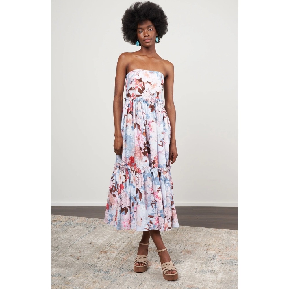 Cara Cara Japanese‎ Blue Torres Floral Cotton Linen Strapless Midi Dress 10 NEW